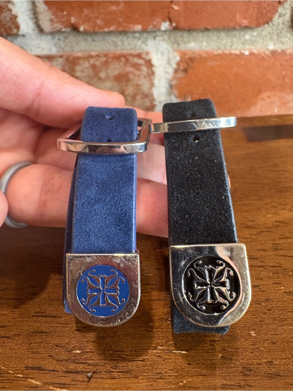 Rustic Cuff 2 Suede Leather Silver Buckle Enamel Medallion Cuffs Blue&Black